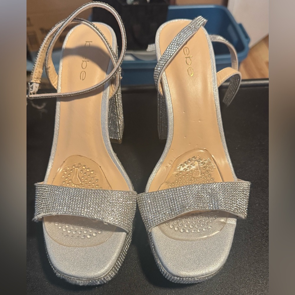 bebe Shimmering Silver Block Heels